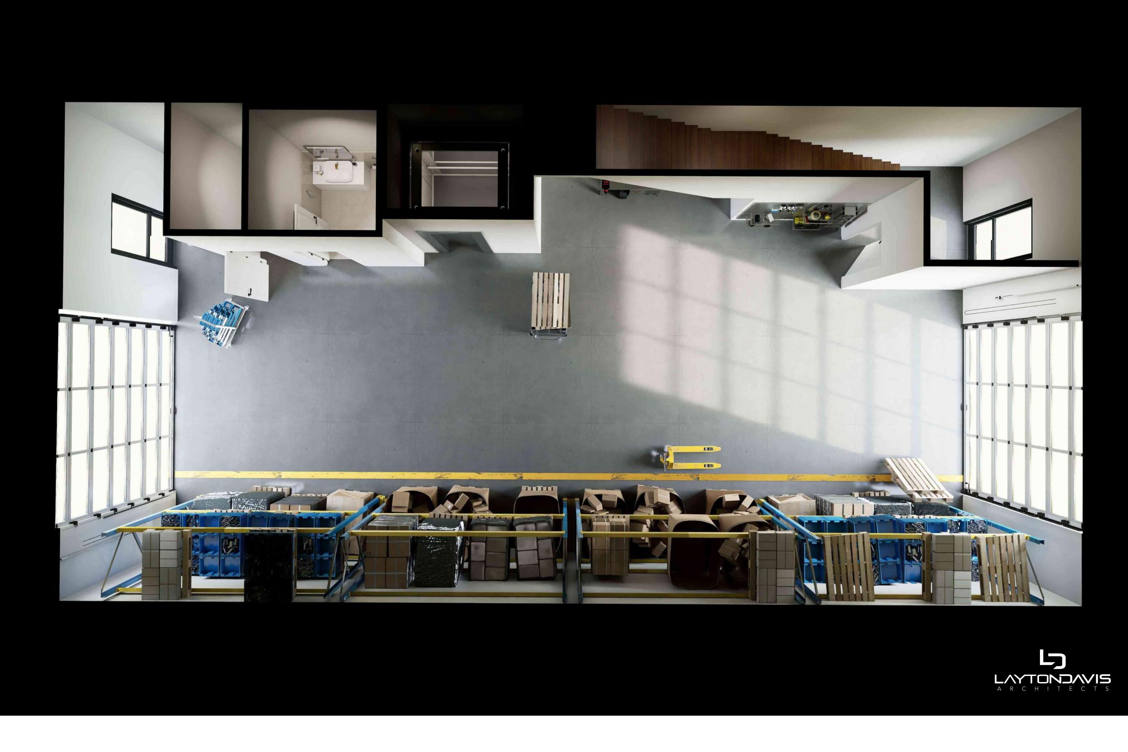 The Frontier level 1 floor plan render — drive-through garage with bath
