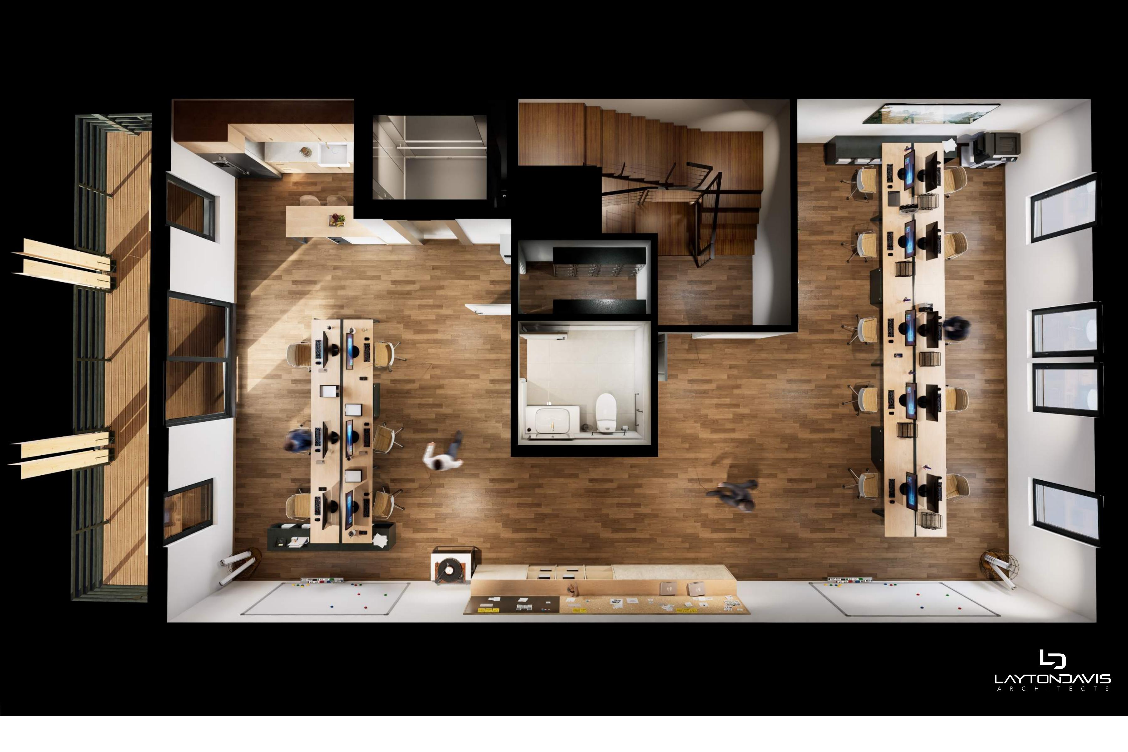 The Frontier level 2 floor plan render — professional spaces with bath