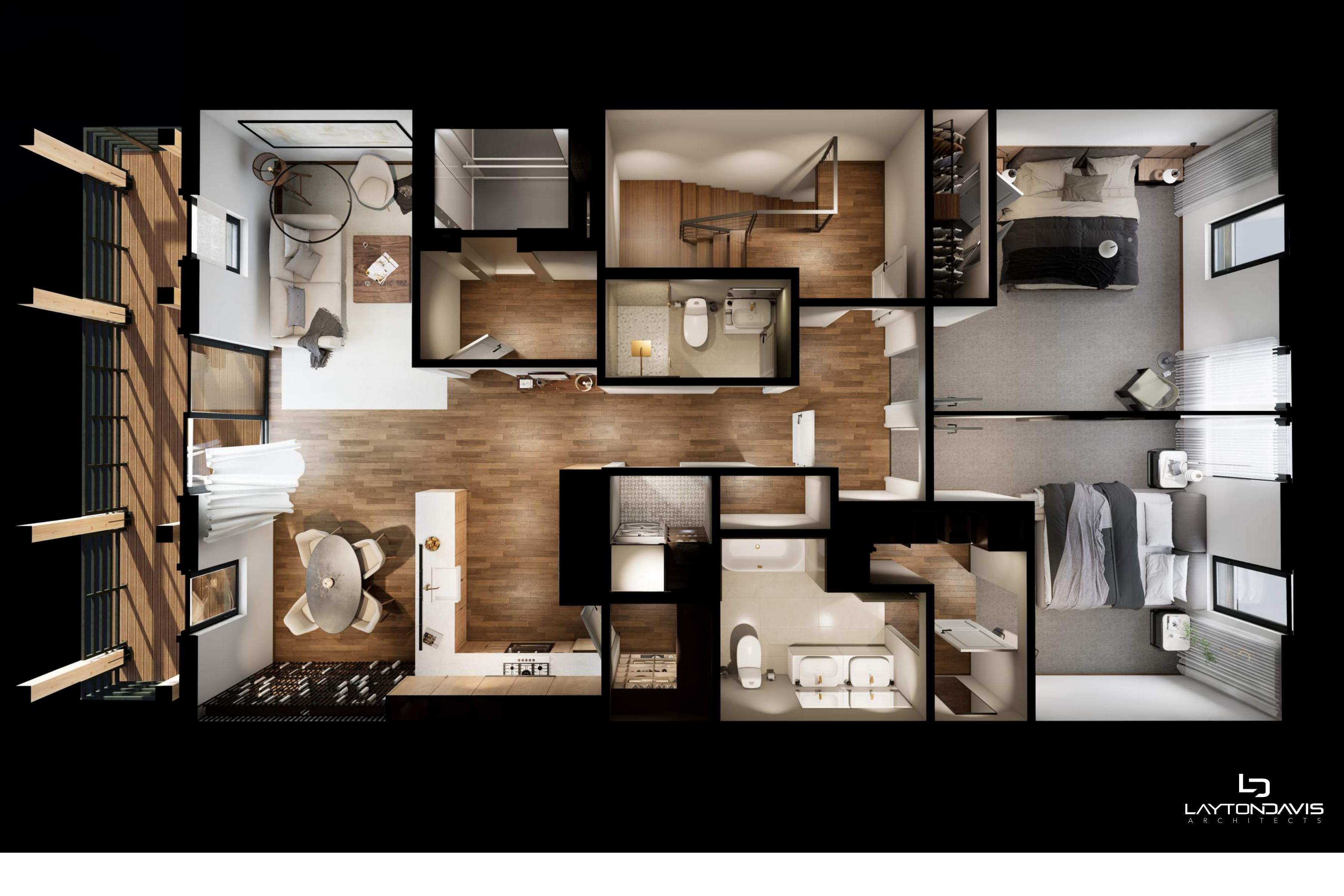 The Frontier 2-bedroom living level rendering at Mountain View Commons