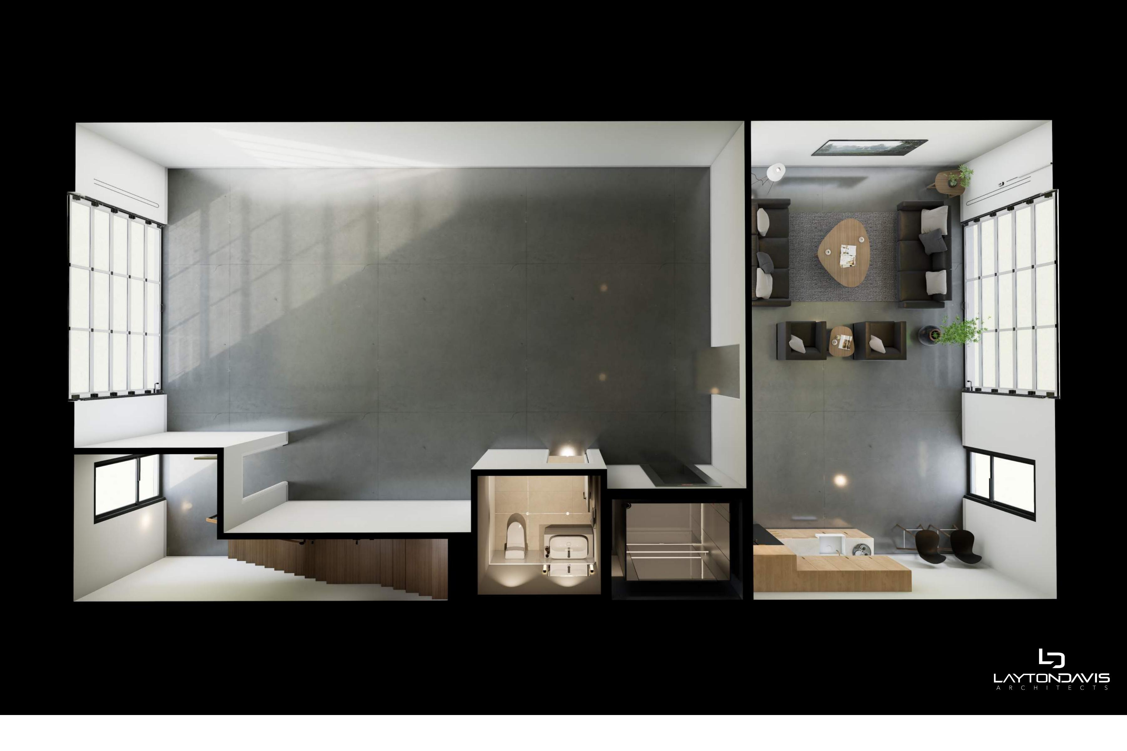 The Hideout level 1 floor plan render — full drive-through garage, no interior bath