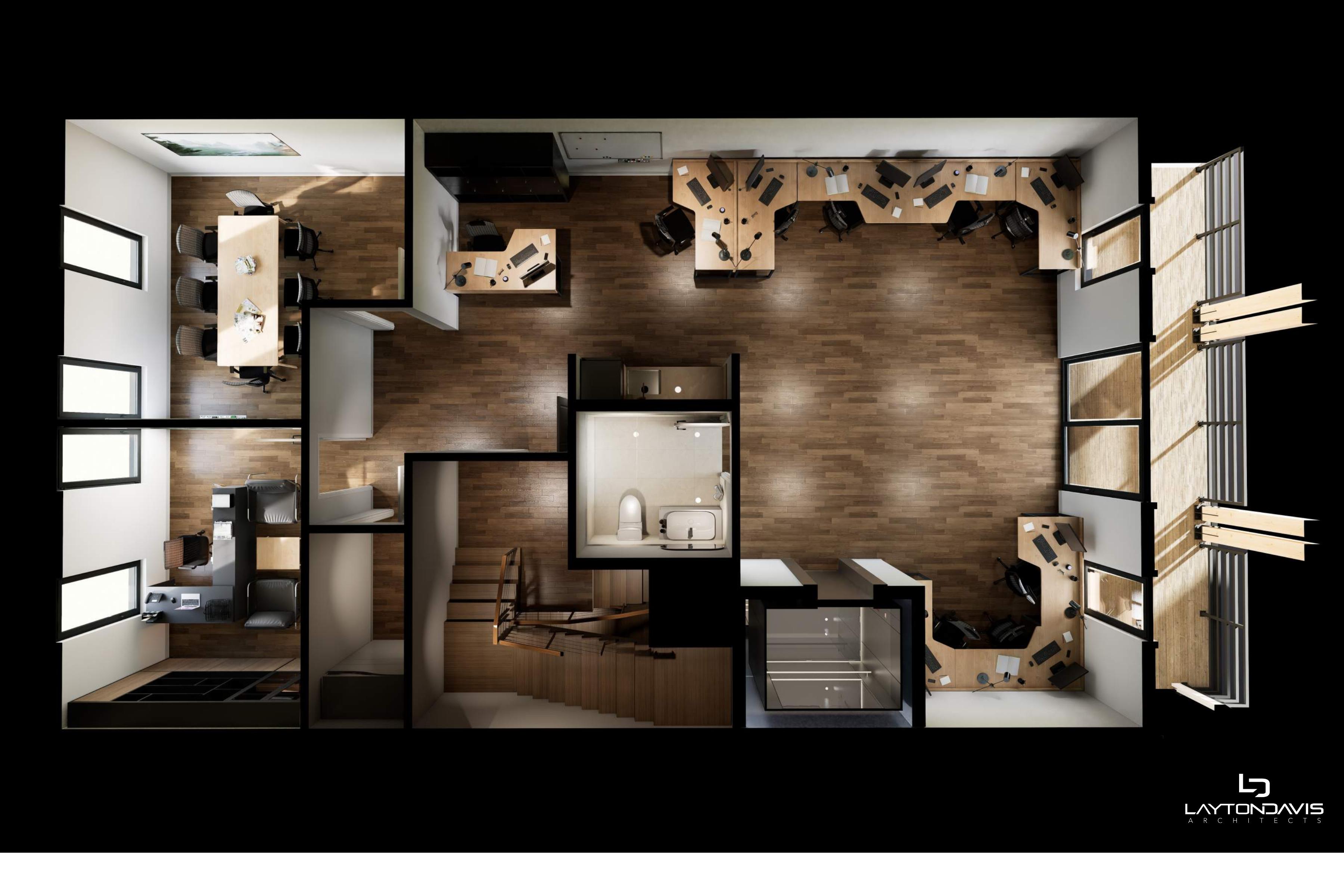 The Hideout level 2 floor plan render — dual office spaces with bath