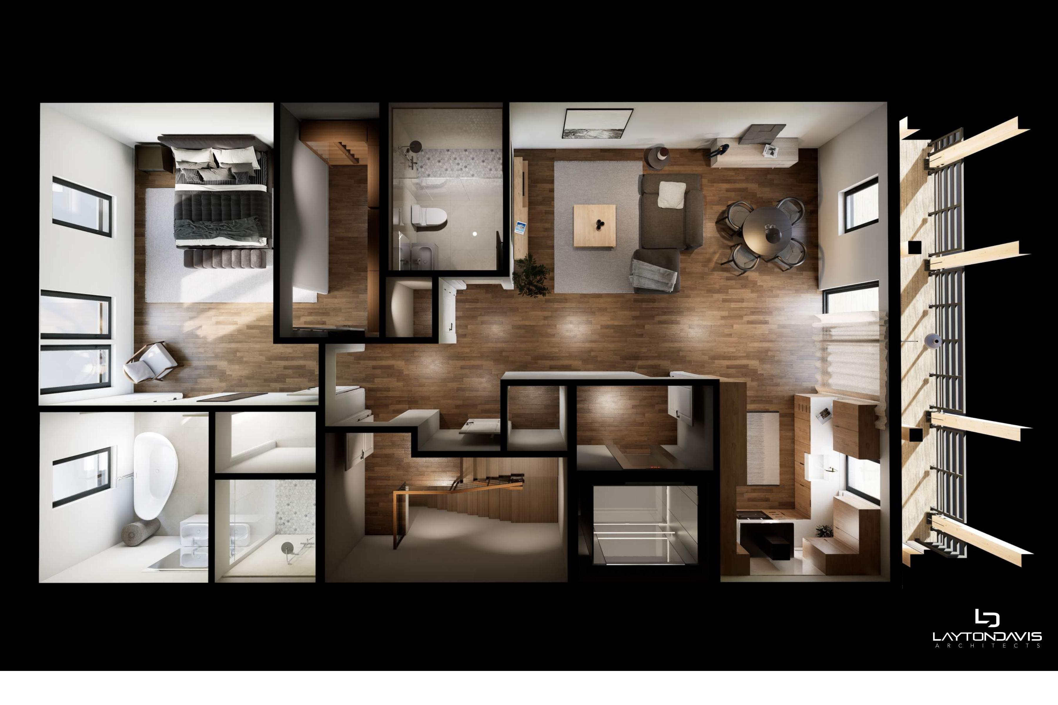 The Hideout 1-bedroom living level rendering at Mountain View Commons