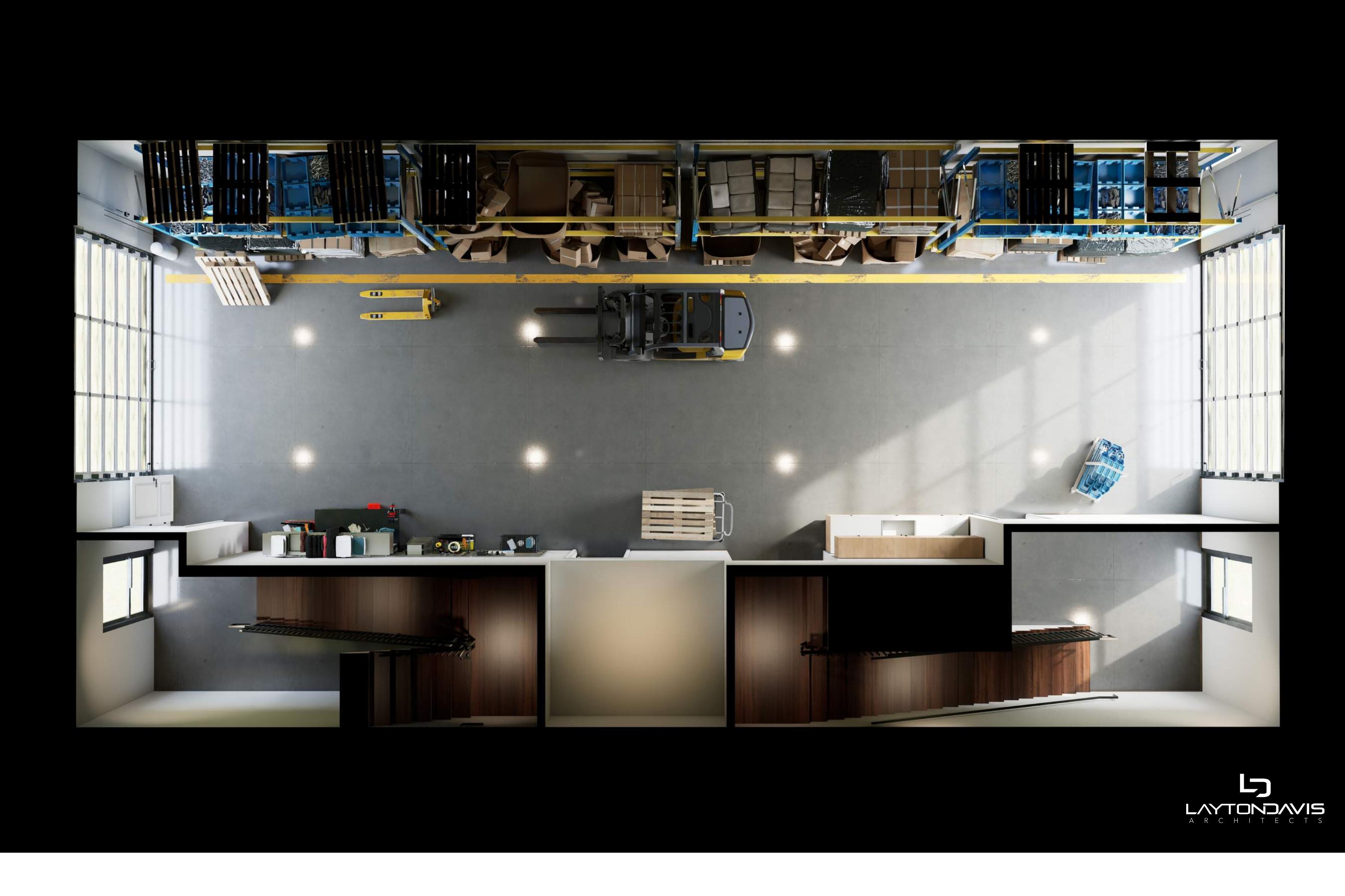 The Mercantile level 1 floor plan render — drive-through garage with bath