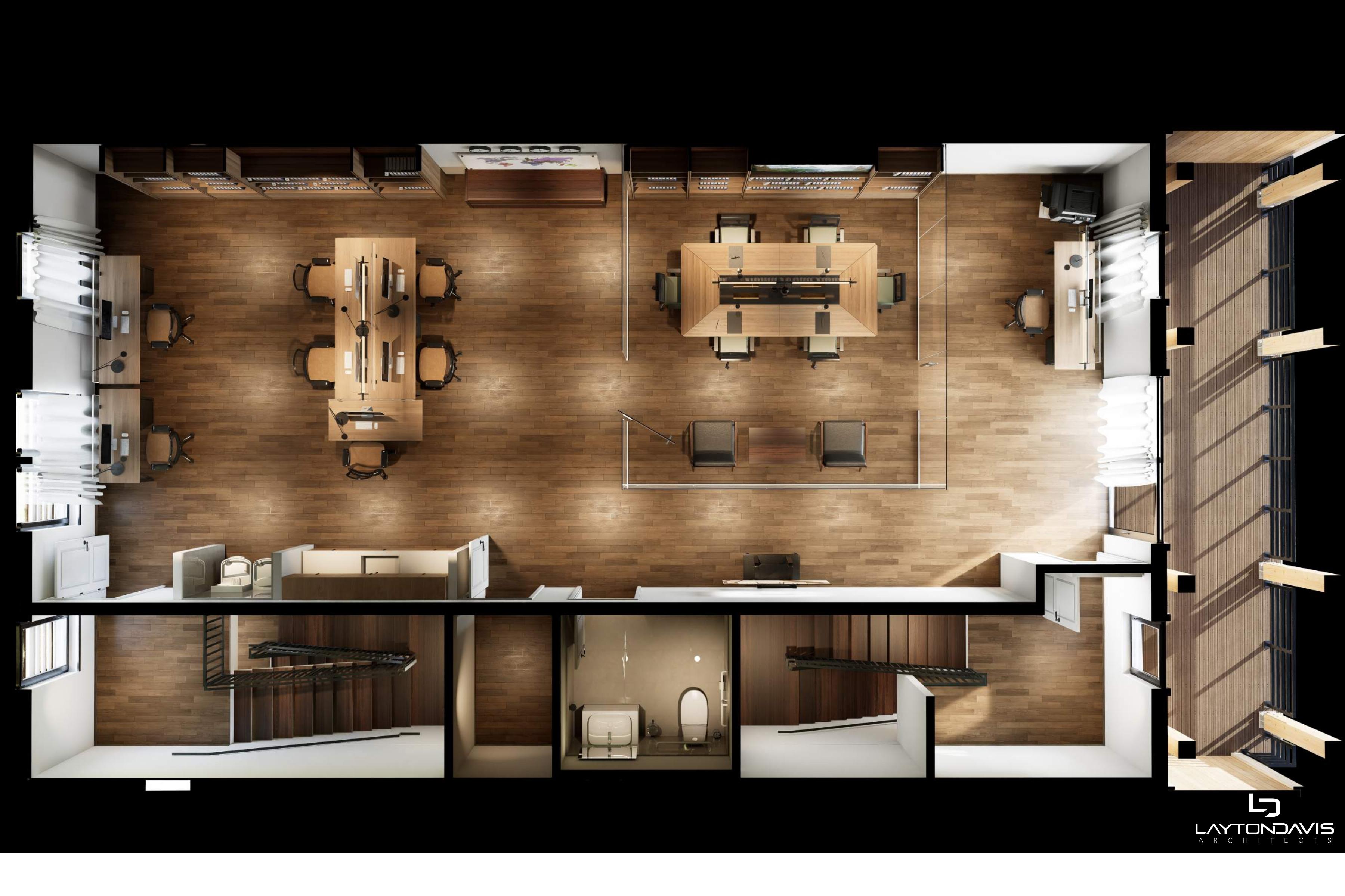 The Mercantile level 3 floor plan render — professional space with glass office and bath