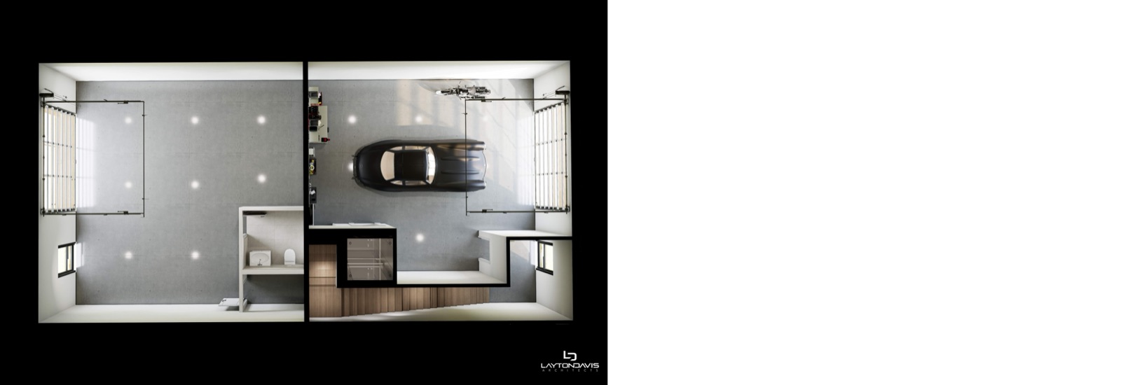 The Outlaw level 1 floor plan render — drive-through garage with bath