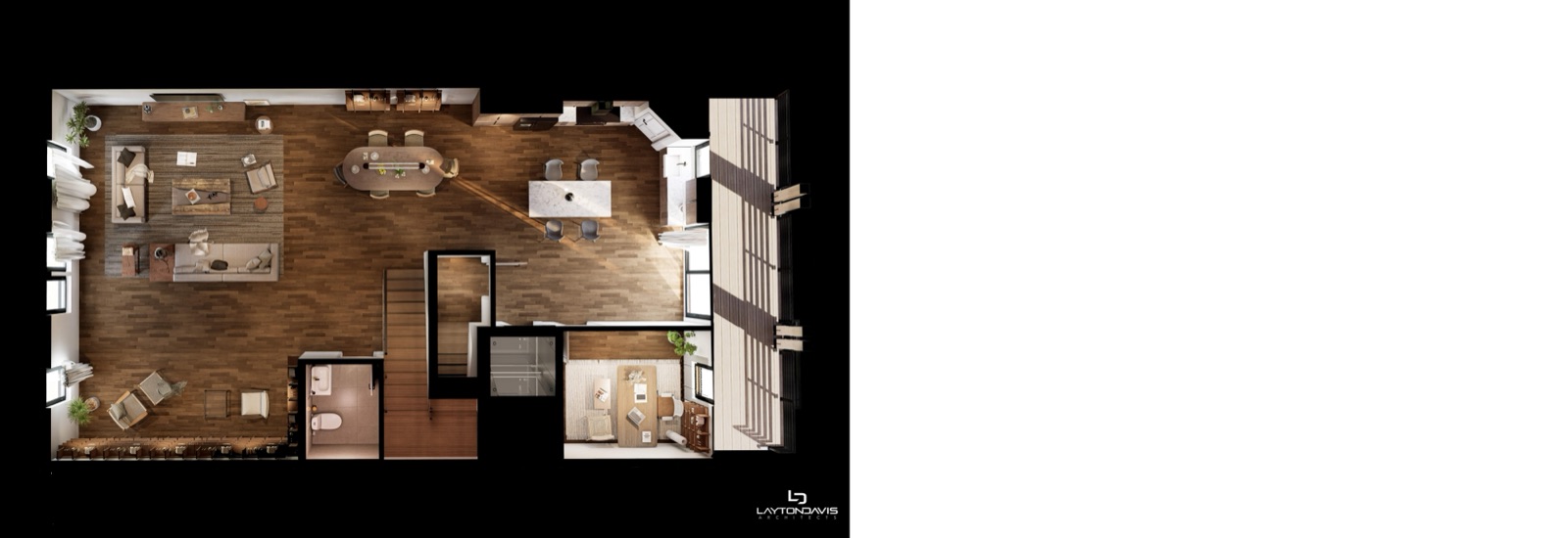The Outlaw level 2 floor plan render — kitchen, dining, living, half bath